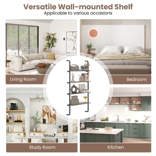 Costway 2 PCS 4-Tier Wall-mounted Ladder Shelf Display Bookshelf with Heavy-duty Metal Frame