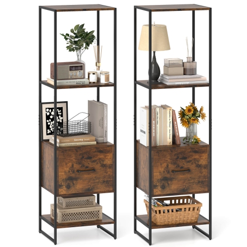 Costway 2 PCS 5-Tier Bookshelf with 4 Open Shelves Storage Drawer Book Storage Organizer Brown