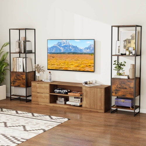 Costway 2 PCS 5-Tier Bookshelf with 4 Open Shelves Storage Drawer Book Storage Organizer Brown