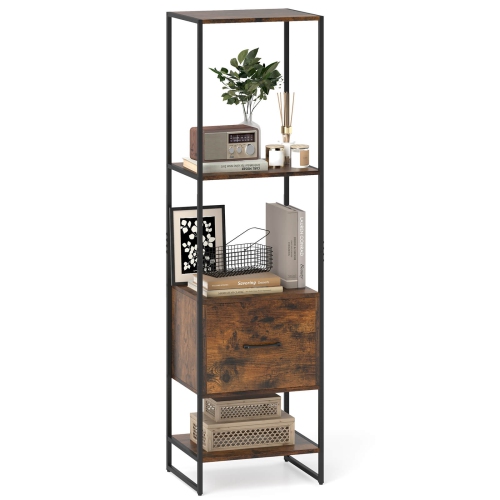 COSTWAY  5-Tier Bookshelf With 4 Open Shelves Storage Drawer Modern Book Storage Organizer Brown/white