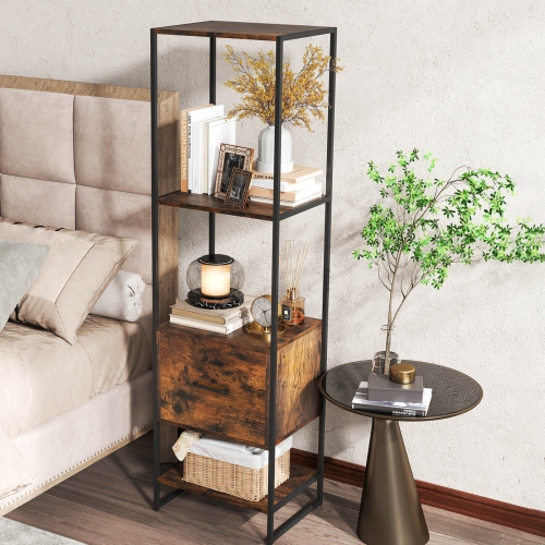 Costway 5-Tier Bookshelf with 4 Open Shelves Storage Drawer Modern Book Storage Organizer Brown/White