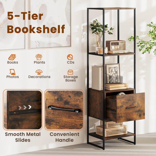 Costway 5-Tier Bookshelf with 4 Open Shelves Storage Drawer Modern Book Storage Organizer Brown/White
