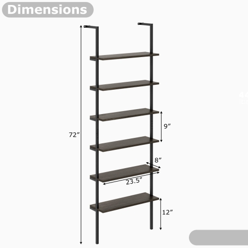 Costway 6-tier Ladder Shelf 72 Inches Industrial Wall Mounted Bookshelf Brown/Oak