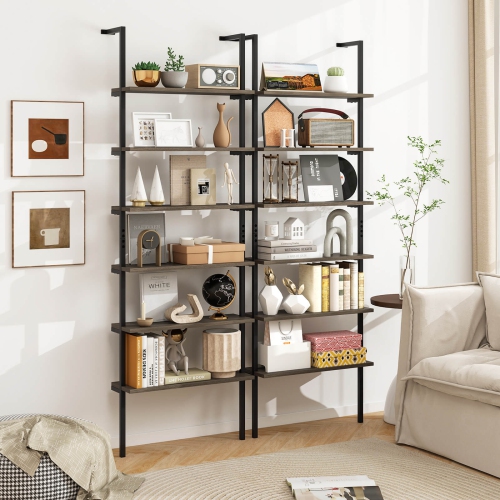 Costway 6-tier Ladder Shelf 72 Inches Industrial Wall Mounted Bookshelf Brown/Oak