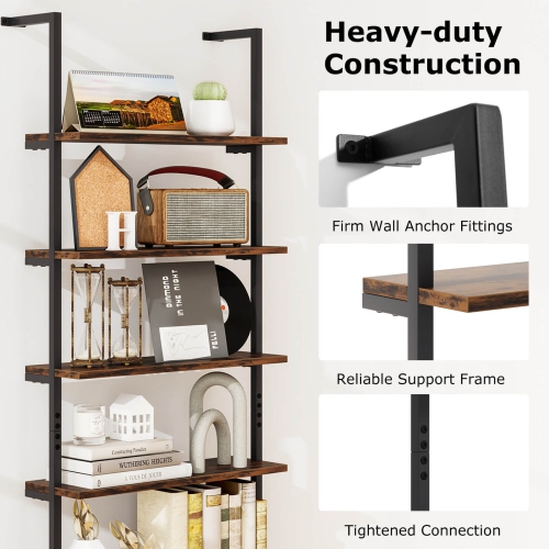 Costway 6-tier Ladder Shelf 72 Inches Industrial Wall Mounted Bookshelf Brown/Oak