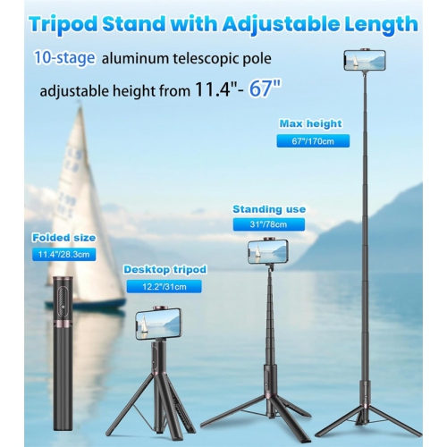 YOULIGHTS 67" Cell Phone Selfie Stick Tripod,Smartphone Stand All-in-1 with Integrated Wireless Remote,Portable,Lightweight,Extendable for