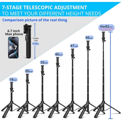 YOULIGHTS 62 inches Extendable Selfie Stick Tripod with Wireless Remote & Phone Holder, Portable Aluminum Alloy 3 in 1 Stand for Group Photos,