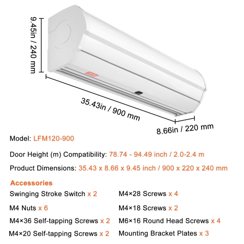 VEVOR 36" Commercial Indoor Air Curtain Super Power 2 Speeds 900CFM, Wall Mounted Air Curtains, Indoor Over Door Fan with Heavy Duty Limit Switch,