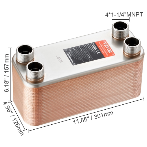 VEVOR 5"x 12" Heat Exchanger, 50 Plates Brazed Plate Heat Exchanger, Copper/316L Stainless Steel Water To Water Heat Exchanger For Floor Heating,
