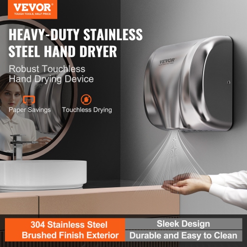 VEVOR Heavy Duty Commercial Hand Dryer, 1300W Automatic High Speed Stainless Steel Warm Wind Hand Blower, 120V Plug In/Hardwired Two Power Options,