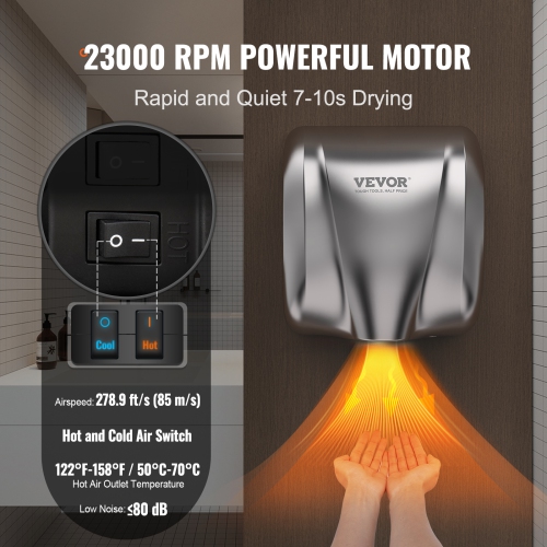 VEVOR Heavy Duty Commercial Hand Dryer, 1300W Automatic High Speed Stainless Steel Warm Wind Hand Blower, 120V Plug In/Hardwired Two Power Options,