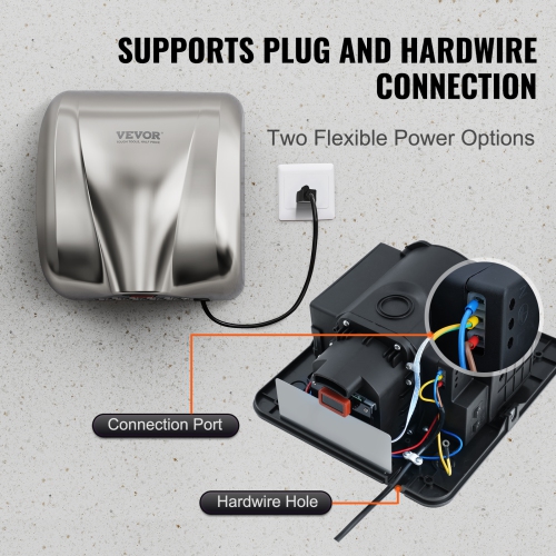 VEVOR Heavy Duty Commercial Hand Dryer, 1300W Automatic High Speed Stainless Steel Warm Wind Hand Blower, 120V Plug In/Hardwired Two Power Options,