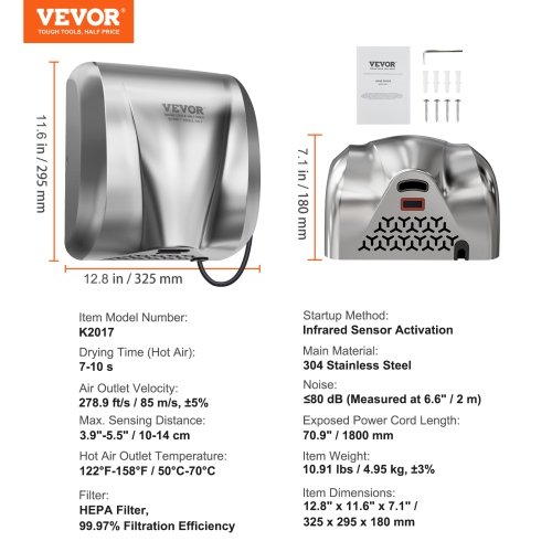 VEVOR Heavy Duty Commercial Hand Dryer, 1300W Automatic High Speed Stainless Steel Warm Wind Hand Blower, 120V Plug In/Hardwired Two Power Options,