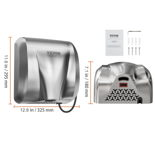 VEVOR Heavy Duty Commercial Hand Dryer, 1300W Automatic High Speed Stainless Steel Warm Wind Hand Blower, 120V Plug In/Hardwired Two Power Options,