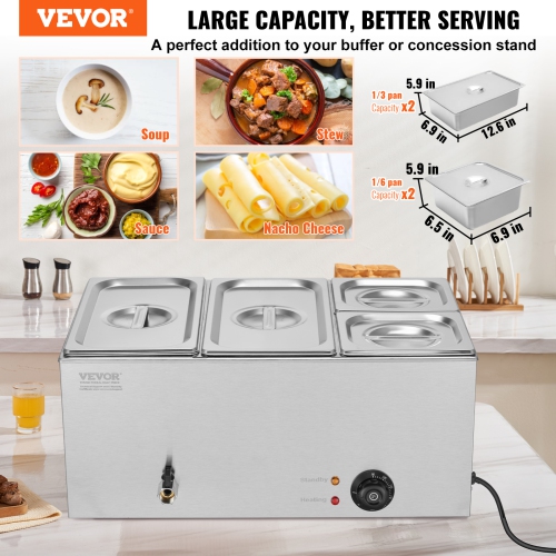 VEVOR 4-Pan Commercial Food Warmer, 16.4QT Electric Steam Table, 1200W Professional Countertop Stainless Steel Buffet Bain Marie with 86-185°F Temp