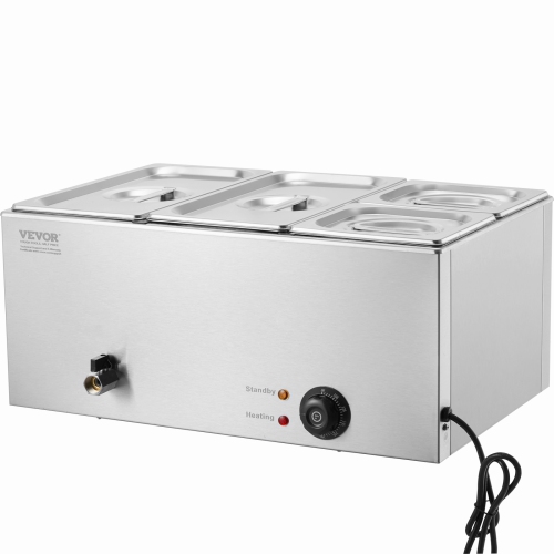 VEVOR 4-Pan Commercial Food Warmer, 16.4QT Electric Steam Table, 1200W Professional Countertop Stainless Steel Buffet Bain Marie with 86-185°F Temp