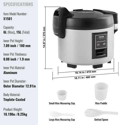 VEVOR Commercial Rice Cooker, 70-Cup Rice Cooker, 15.85Qt /15 Liter Rice Cooker and Warmer with Nonstick Inner Pot, Fast Cooking and 12-Hour Keep