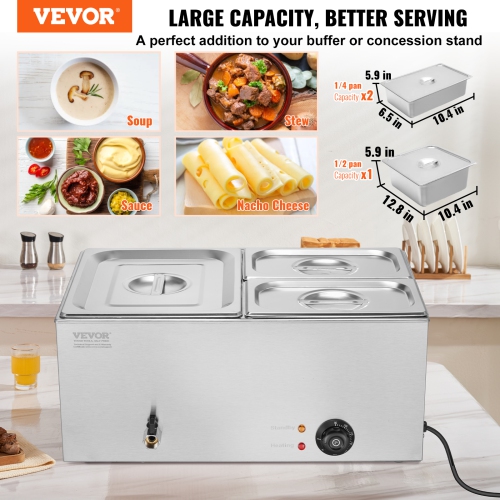 VEVOR 3-Pan Commercial Food Warmer, 17QT Electric Steam Table, 1200W Professional Countertop Stainless Steel Buffet Bain Marie with 86-185°F Temp