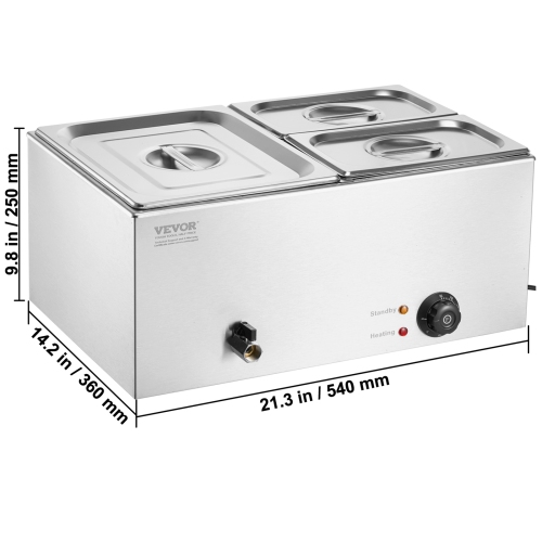 VEVOR 3-Pan Commercial Food Warmer, 17QT Electric Steam Table, 1200W Professional Countertop Stainless Steel Buffet Bain Marie with 86-185°F Temp
