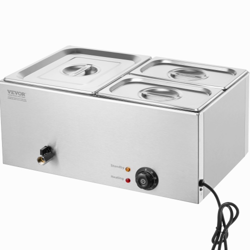 VEVOR 3-Pan Commercial Food Warmer, 17QT Electric Steam Table, 1200W Professional Countertop Stainless Steel Buffet Bain Marie with 86-185°F Temp