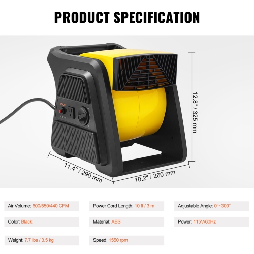 VEVOR 600 CFM Pivoting Utility Fan, High Velocity Floor Blower for Cooling, Ventilating, Exhausting, 300° Blowing Angle Air Mover, Portable Carpet