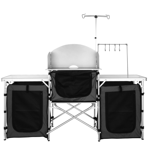 VEVOR Camping Kitchen Table, Folding Outdoor Cooking Table with Storage Carrying Bag, Aluminum Cook Station 3 Cupboard & Detachable Windscreen, Quick