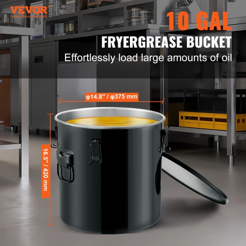 VEVOR Fryer Grease Bucket, 10 Gal Oil Disposal Caddy Stainless Steel Fryer Oil Bucket Rust-Proof Coating, Oil Transport Container with Lid, Lock
