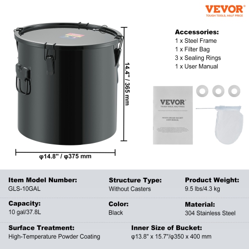 VEVOR Fryer Grease Bucket, 10 Gal Oil Disposal Caddy Stainless Steel Fryer Oil Bucket Rust-Proof Coating, Oil Transport Container with Lid, Lock
