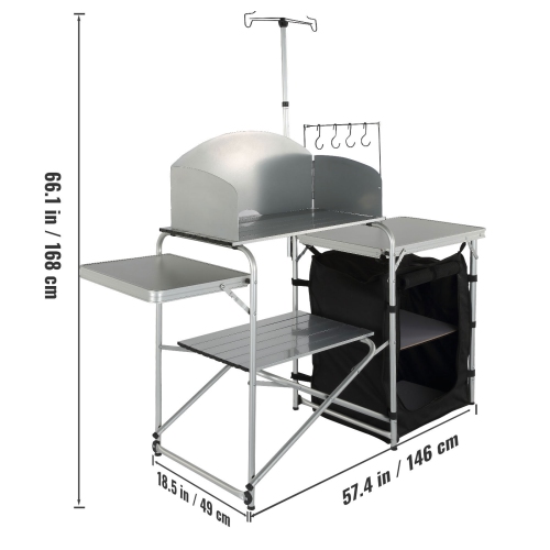 VEVOR Camping Kitchen Table, Folding Outdoor Cooking Table with Storage Carrying Bag, Aluminum Cook Station 1 Cupboard & Detachable Windscreen, Quick