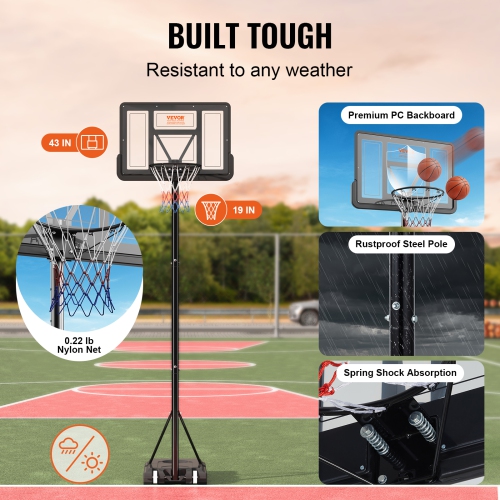 VEVOR 44 inch Basketball Hoop, 4-10 ft Adjustable Height Portable Backboard System, Basketball Hoop & Goal, Kids & Adults Basketball Set with Wheels,