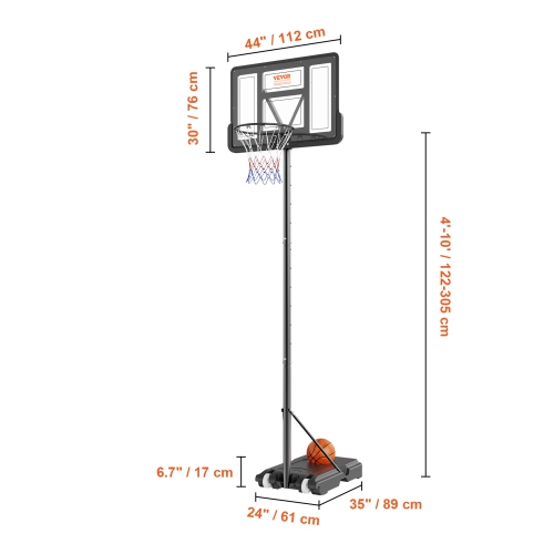 VEVOR 44 inch Basketball Hoop, 4-10 ft Adjustable Height Portable Backboard System, Basketball Hoop & Goal, Kids & Adults Basketball Set with Wheels,