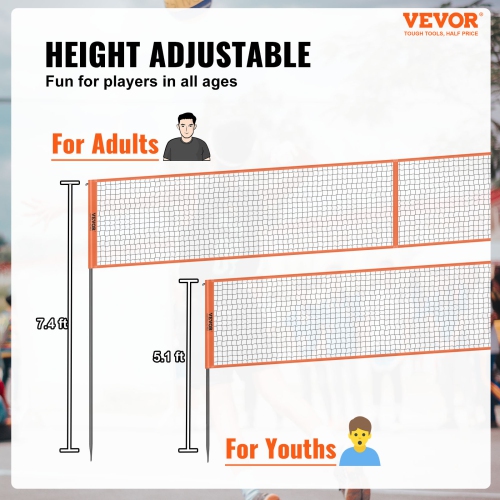 VEVOR 4-Way Volleyball Net, Adjustable Height Badminton Net Set for Backyard Beach Lawn, Outdoor Portable Volleyball Net with Carrying Bag, 4 Square
