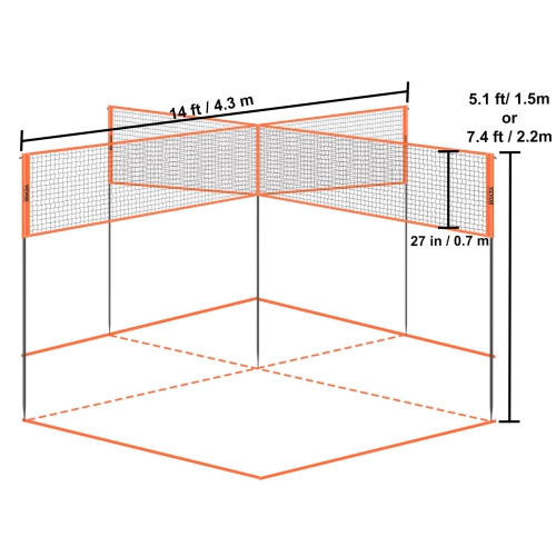 VEVOR 4-Way Volleyball Net, Adjustable Height Badminton Net Set for Backyard Beach Lawn, Outdoor Portable Volleyball Net with Carrying Bag, 4 Square