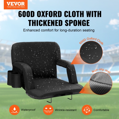 VEVOR Stadium Seat with Back Support, Wide Bleacher Seat Back, Folding Padded Cushion Stadium Chair, Portable Reclining Chair with Hook Pocket