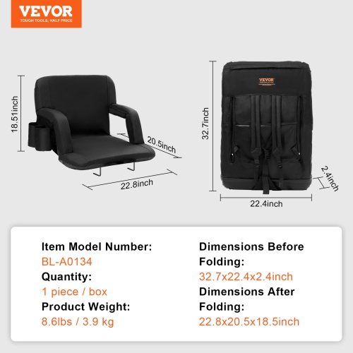 VEVOR Stadium Seat with Back Support, Wide Bleacher Seat Back, Folding Padded Cushion Stadium Chair, Portable Reclining Chair with Hook Pocket