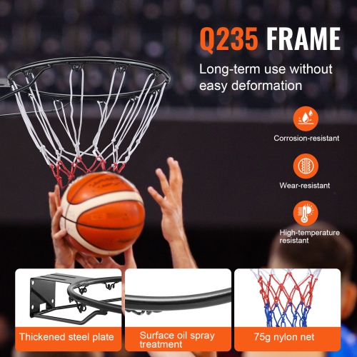 VEVOR 18" Basketball Rim, Wall Door Mounted Basketball Hoop, Heavy Duty Q235 Basketball Flex Rim Goal Replacement with Net and Double Spring,