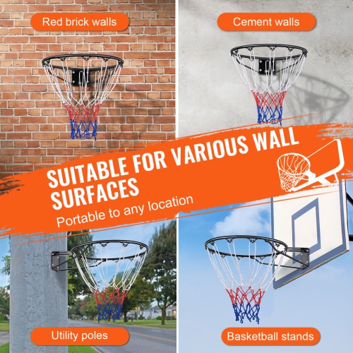 VEVOR 18" Basketball Rim, Wall Door Mounted Basketball Hoop, Heavy Duty Q235 Basketball Flex Rim Goal Replacement with Net and Double Spring,