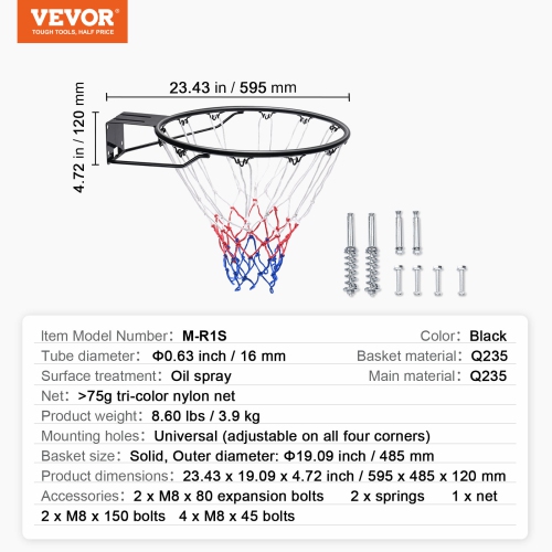 VEVOR 18" Basketball Rim, Wall Door Mounted Basketball Hoop, Heavy Duty Q235 Basketball Flex Rim Goal Replacement with Net and Double Spring,