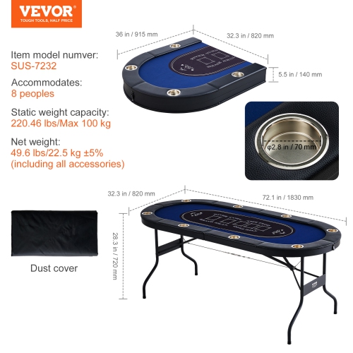 VEVOR 72" 8 Player Foldable Poker Table, Blackjack Texas Holdem Poker Table with Padded Rails and Stainless Steel Cup Holders, Portable Folding Card