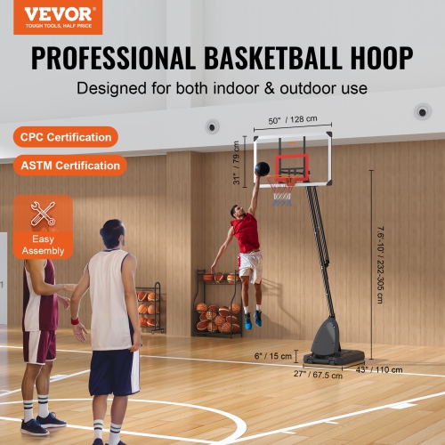 VEVOR 50 inch Basketball Hoop, 7.6-10 ft Adjustable Height Portable Backboard System, Basketball Hoop & Goal, Kids & Adults Basketball Set with