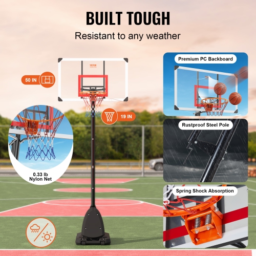 VEVOR 50 inch Basketball Hoop, 7.6-10 ft Adjustable Height Portable Backboard System, Basketball Hoop & Goal, Kids & Adults Basketball Set with