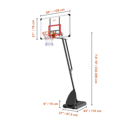 VEVOR 50 inch Basketball Hoop, 7.6-10 ft Adjustable Height Portable Backboard System, Basketball Hoop & Goal, Kids & Adults Basketball Set with