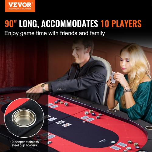 VEVOR 90" 10 Player Foldable Poker Table, Blackjack Texas Holdem Poker Table with Padded Rails and Stainless Steel Cup Holders, Portable Folding Card