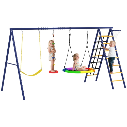 Qaba Swing Set for Backyard, 6 in 1 Heavy Duty Large Metal Swing Set with A-Frame, Belt Swing, Saucer Swing, Disc Rope Swing, Climbing Ladder,