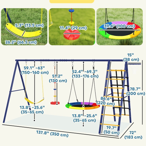 Qaba Swing Set for Backyard, 6 in 1 Heavy Duty Large Metal Swing Set with A-Frame, Belt Swing, Saucer Swing, Disc Rope Swing, Climbing Ladder,