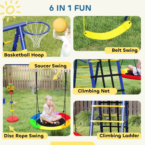 Qaba Swing Set for Backyard, 6 in 1 Heavy Duty Large Metal Swing Set with A-Frame, Belt Swing, Saucer Swing, Disc Rope Swing, Climbing Ladder,