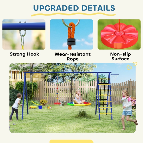 Qaba Swing Set for Backyard, 6 in 1 Heavy Duty Large Metal Swing Set with A-Frame, Belt Swing, Saucer Swing, Disc Rope Swing, Climbing Ladder,