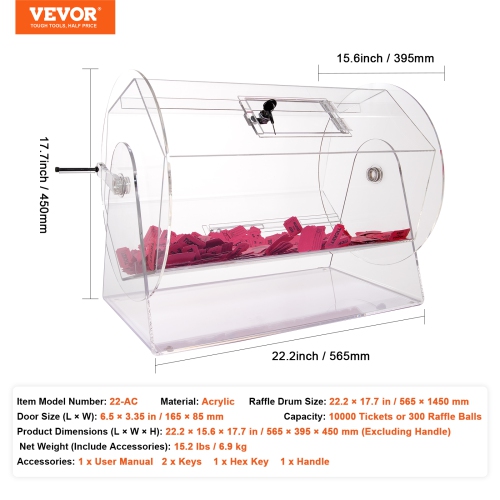 VEVOR 2 Keys, Acrylic Raffle Drum,Raffle Ticket Spinning Cage,Transparent Lottery Spinning Drawing,Holds 10000 Tickets or 300 Raffle Balls,Raffle