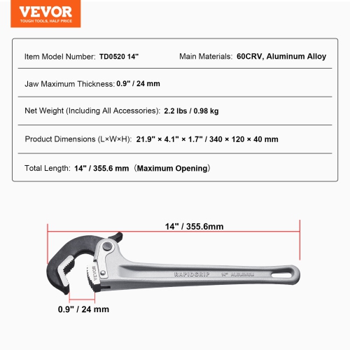 VEVOR 14" Aluminum Straight Pipe Wrench, Automatic Jaw Adjustment, Adjustable Plumbing Wrench, Easy to Carry,Ergonomic Handle, Hangable Design, for