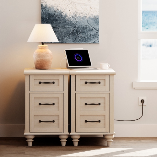 WAMPAT Set of 2 End Tables with Charging Station, Beige Side Table with Storage Cabinet & Drawer, Wooden Nightstands with Power Outlets & USB Ports